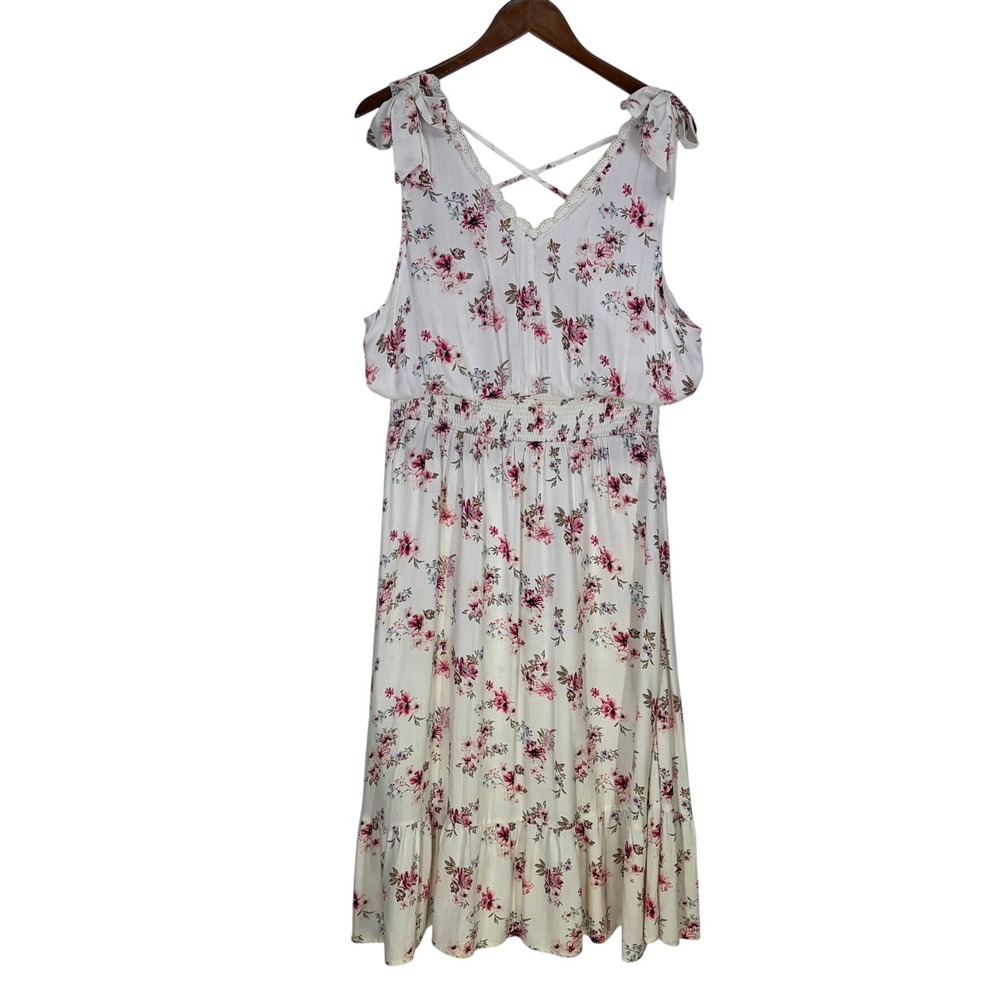 American Rag Woman's Midi Dress 2XL White Pink Floral‎ Cottagecore Coquette Boho